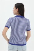 İnce Çizgili Polo Yaka Triko Kazak - SaksMavisi thumbnail 3