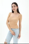Prenses Yaka Kısa Kollu Triko  Kazak - Camel thumbnail 2