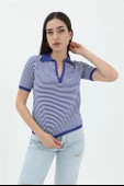 İnce Çizgili Polo Yaka Triko Kazak - SaksMavisi thumbnail 1