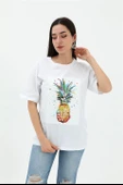 Bisiklet Yaka Ananas Baskılı Süprem T-shirt - Beyaz thumbnail 1