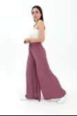 Geniş Kemerli Bol Paça Düz Keten Kadın Pantolon - Lila thumbnail 5