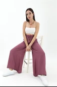 Geniş Kemerli Bol Paça Düz Keten Kadın Pantolon - Lila thumbnail 1