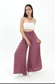 Geniş Kemerli Bol Paça Düz Keten Kadın Pantolon - Lila thumbnail 3