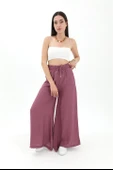 Geniş Kemerli Bol Paça Düz Keten Kadın Pantolon - Lila thumbnail 2