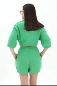 Pamuk Keten Şort Gömlek Kadın İkili Takım - Yeşil thumbnail 7