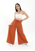 Geniş Kemerli Bol Paça Düz Keten Kadın Pantolon - Taba thumbnail 3