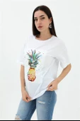 Bisiklet Yaka Ananas Baskılı Süprem T-shirt - Beyaz thumbnail 2
