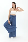 Geniş Kemerli Bol Paça Düz Keten Kadın Pantolon - Mavi thumbnail 4