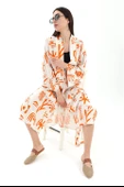 Baskılı Keten Kimono - Turuncu thumbnail 3