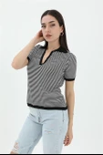 İnce Çizgili Polo Yaka Triko Kazak - Siyah thumbnail 2