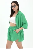 Pamuk Keten Şort Gömlek Kadın İkili Takım - Yeşil thumbnail 6