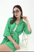 Pamuk Keten Şort Gömlek Kadın İkili Takım - Yeşil thumbnail 1