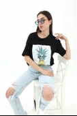 Bisiklet Yaka Ananas Baskılı Süprem T-shirt - Siyah thumbnail 1
