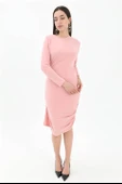 Bisiklet Yaka Yanı Büzgülü Elbise - Pudra thumbnail 3