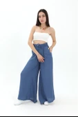 Geniş Kemerli Bol Paça Düz Keten Kadın Pantolon - Mavi thumbnail 2