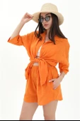 Pamuk Keten Şort Gömlek Kadın İkili Takım - Turuncu thumbnail 6