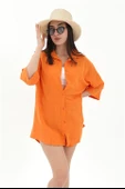 Pamuk Keten Şort Gömlek Kadın İkili Takım - Turuncu thumbnail 3