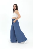 Geniş Kemerli Bol Paça Düz Keten Kadın Pantolon - Mavi thumbnail 3