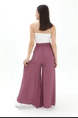 Geniş Kemerli Bol Paça Düz Keten Kadın Pantolon - Lila thumbnail 6