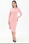 Bisiklet Yaka Yanı Büzgülü Elbise - Pudra thumbnail 5
