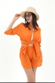 Pamuk Keten Şort Gömlek Kadın İkili Takım - Turuncu thumbnail 1
