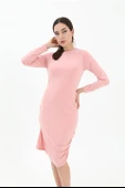 Bisiklet Yaka Yanı Büzgülü Elbise - Pudra thumbnail 1