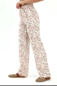 Zebra Desen Yüksek Bel Keten Pantolon - Bej thumbnail 3