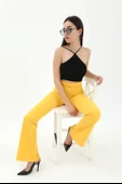 Yüksek Bel Gizli Fermuarlı İspanyol Paça Atlas Kumaş Pantolon - Sarı thumbnail 1