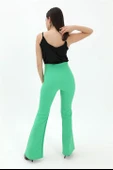 Yüksek Bel Gizli Fermuarlı İspanyol Paça Atlas Kumaş Pantolon - Yeşil thumbnail 4