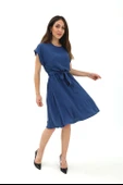 Bisiklet Yaka Beli Büzgülü Kemerli Elbise - İndigo thumbnail 1