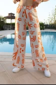 Baskılı Keten Bol Paça Pantolon - Turuncu thumbnail 5