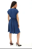 Bisiklet Yaka Beli Büzgülü Kemerli Elbise - İndigo thumbnail 5