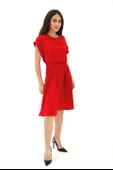 Bisiklet Yaka Beli Büzgülü Kemerli Elbise - Kırmızı thumbnail 2