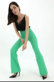 Yüksek Bel Gizli Fermuarlı İspanyol Paça Atlas Kumaş Pantolon - Yeşil thumbnail 2