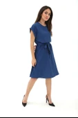 Bisiklet Yaka Beli Büzgülü Kemerli Elbise - İndigo thumbnail 2