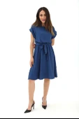 Bisiklet Yaka Beli Büzgülü Kemerli Elbise - İndigo thumbnail 3
