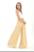 Geniş Kemerli Bol Paça Düz Keten Kadın Pantolon - Krem thumbnail 2