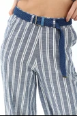 Hasır Kemerli Çizgili Keten Pantolon - İndigo thumbnail 6