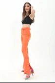 Kemerli Yanı Yırtmaçlı İspanyol Paça Atlas Kumaş Pantolon - Turuncu thumbnail 4