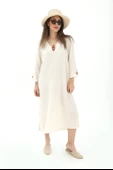 Toka Detaylı Uzun Yanları Yırtmaçlı Keten Elbise - Bej thumbnail 2