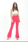 Kemerli Yanı Yırtmaçlı İspanyol Paça Atlas Kumaş Pantolon - Fuşya thumbnail 3