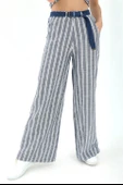 Hasır Kemerli Çizgili Keten Pantolon - İndigo thumbnail 4