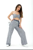 Hasır Kemerli Çizgili Keten Pantolon - İndigo thumbnail 1