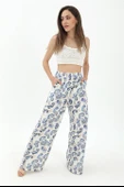Bol Paça Renkli Baskı Keten Pantolon - Mavi thumbnail 2