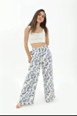 Bol Paça Renkli Baskı Keten Pantolon - Mavi thumbnail 1