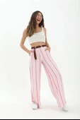 Hasır Kemer Çizgili Pantolon - Fuşya thumbnail 1