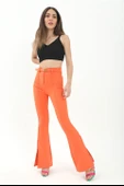 Kemerli Yanı Yırtmaçlı İspanyol Paça Atlas Kumaş Pantolon - Turuncu thumbnail 5