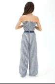 Hasır Kemerli Çizgili Keten Pantolon - İndigo thumbnail 5