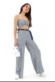 Hasır Kemerli Çizgili Keten Pantolon - İndigo thumbnail 2