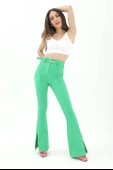 Kemerli Yanı Yırtmaçlı İspanyol Paça Atlas Kumaş Pantolon - Yeşil thumbnail 2